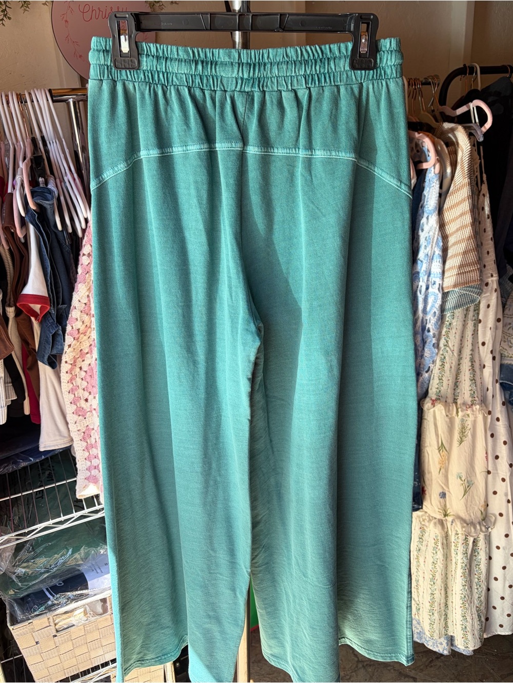 Zenana Teal Cotton Washed French Terry Wide Leg Pants S M L - Picture 5 of 5